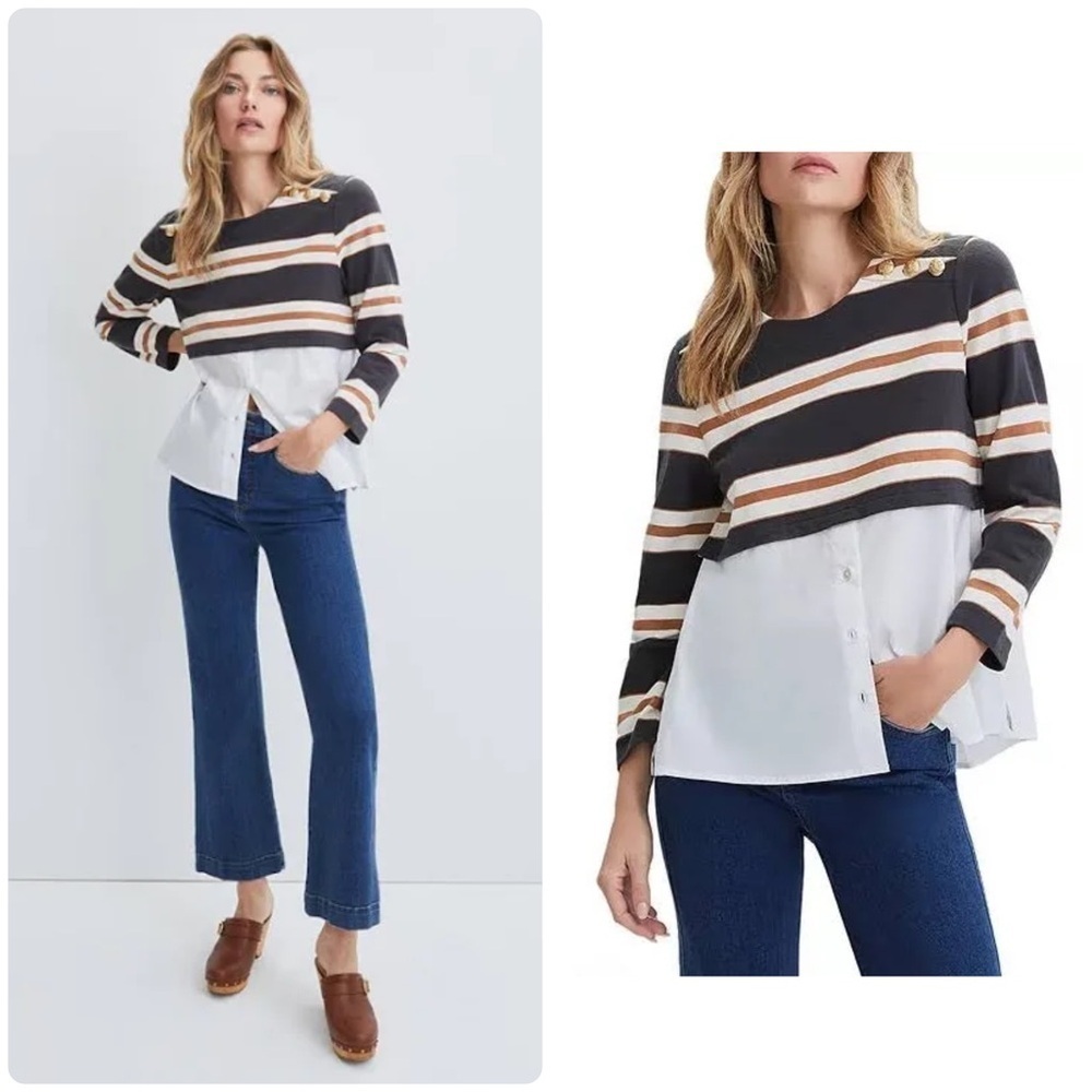 New! Veronica Beard Bertie Stripe Cotton Top with Button Detail ✨ XS NWT!